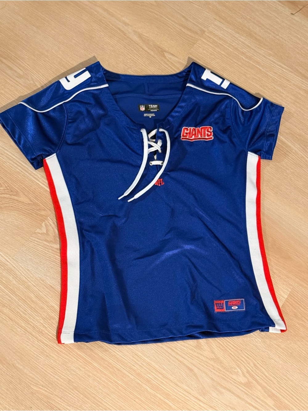 NU Giants Blue Lace-Up Women's Jersey Top with Red & White Accents